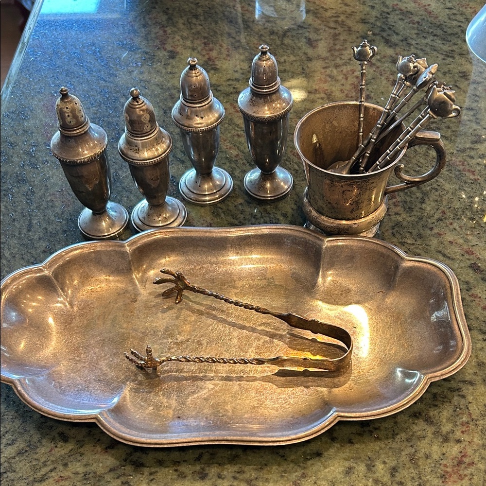 Vintage Silver-Tone Serving Tray and Tableware Set with Sterling Silver Shakers